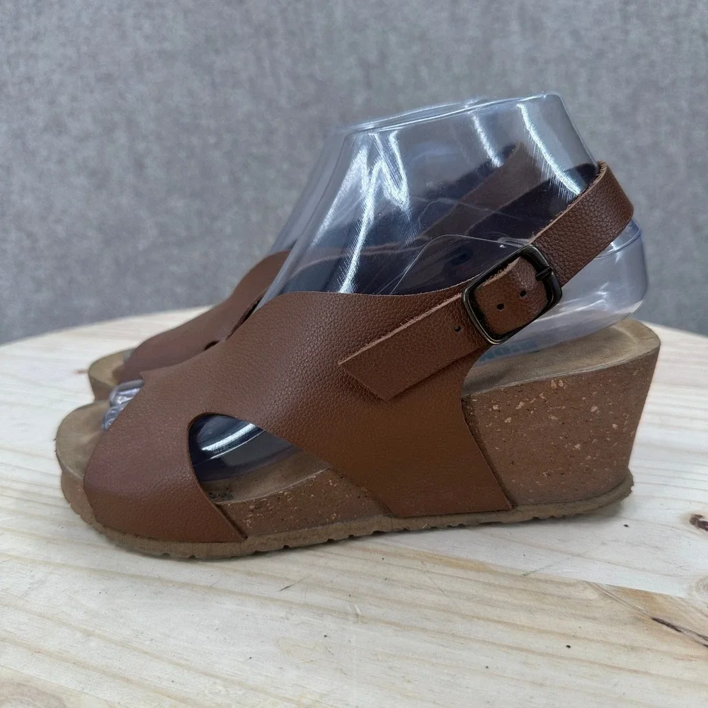 BioNatura Tessa Easy Wedge Sandals 6.5 Brown Leather Slingback Cork Heel Italy